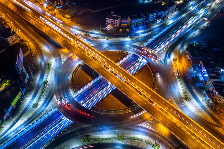 aerial view traffic roundabout highway night