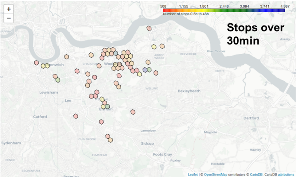 Image detailing areas where vehicles stop for over 30minutes.